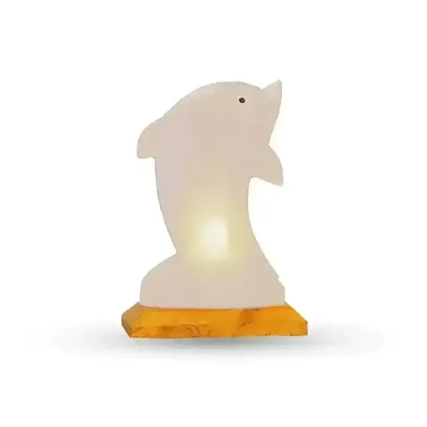 Himalayan White Salt Fish Lamp – Fish-shaped, pure salt lamp with wooden base.